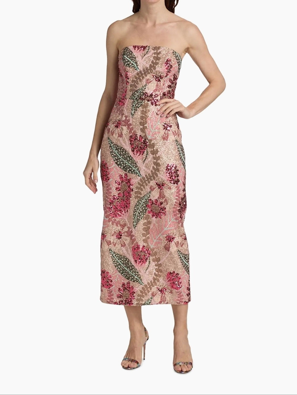 Milly Esmeralda Strapless Pink Floral Sequin Column Dress NWT